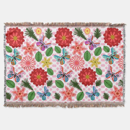 Modern Spring Garden Butterfly Floral  スローブランケット (正面)