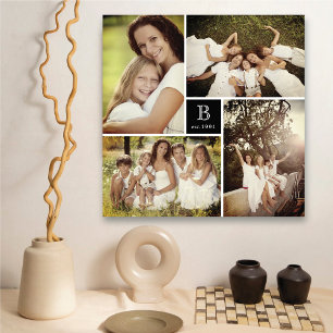 Modern Square Grid Family Monogram 4 Photo Collage キャンバスプリント