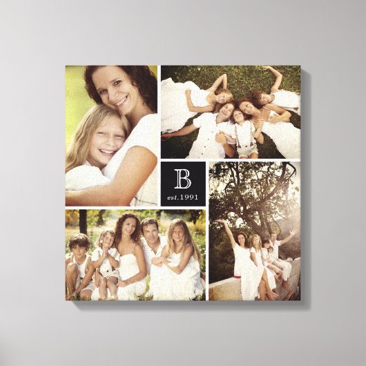 Modern Square Grid Family Monogram 4 Photo Collage キャンバスプリント (正面)
