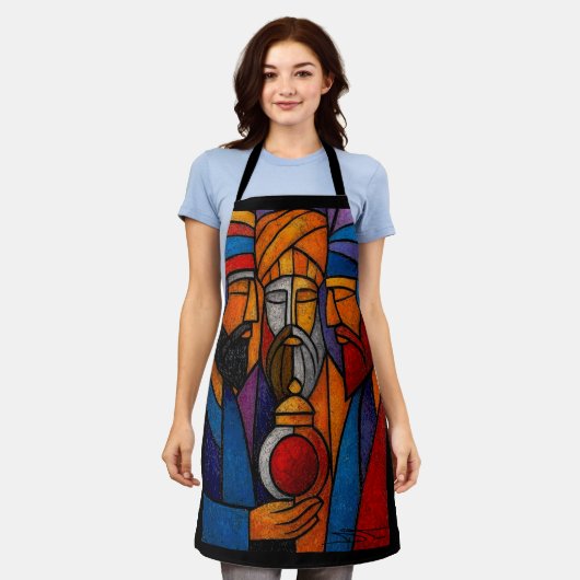 Modern Stained Glass Three Wise Men エプロン (着用した状態)