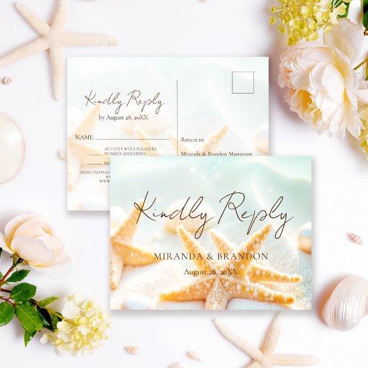 Modern Starfish Shells Ocean Beach Wedding RSVP 案内ポストカード