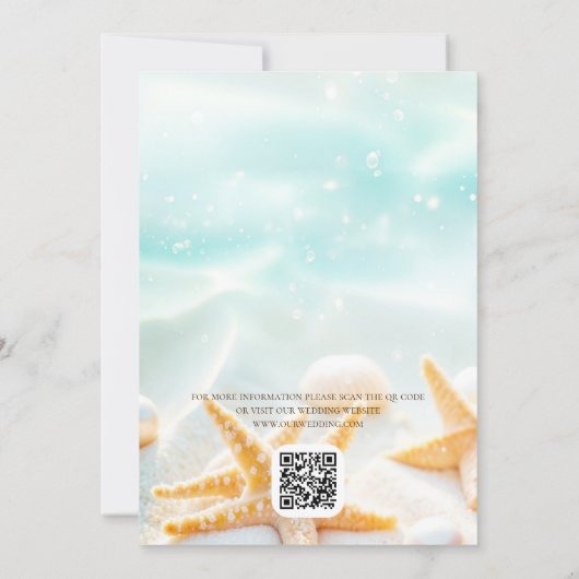 Modern Starfish Shells QR Code Ocean Beach Wedding 招待状 (裏面)