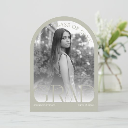 Modern Stone Grey Arch Photo Graduation Party 招待状 (スタンド正面)