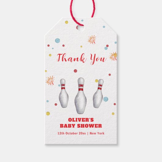 Modern Strike Up Bowling Baby Shower Welcome ギフトタグ (正面)
