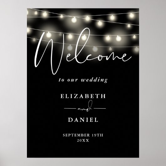 Modern String Lights Wedding Welcome Sign ポスター (正面)