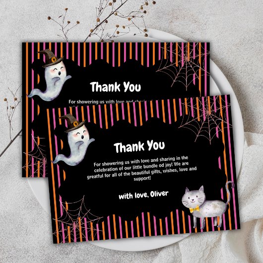 Modern Stripe Little Boo Ghost Cat Baby Shower  サンキューカード