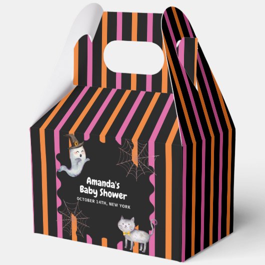 Modern Stripe Little Boo Ghost Cat Baby Shower フェイバーボックス (正面)