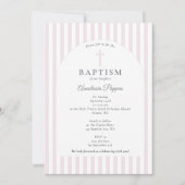 Modern Stripes Christening Baptism Blush Pink Girl 招待状 (正面)