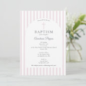 Modern Stripes Christening Baptism Blush Pink Girl 招待状 (スタンド正面)