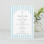 Modern Stripes Christening Baptism Dusty Blue Boy 招待状 (スタンド正面)