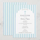Modern Stripes Christening Baptism Dusty Blue Boy 招待状 (正面/裏面)