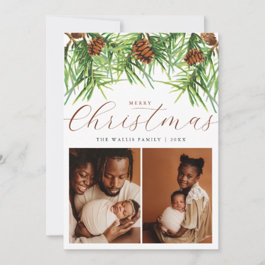 Modern & Stylish 4 Photo Collage Christmas Pines シーズンカード (正面)