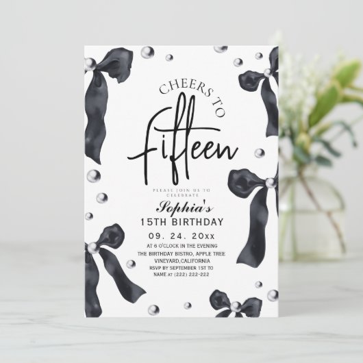 Modern & Stylish Black Bow Birthday Party 招待状 (スタンド正面)