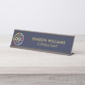 Modern Stylish Custom Business Logo Navy Blue デスクネームプレート (正面)