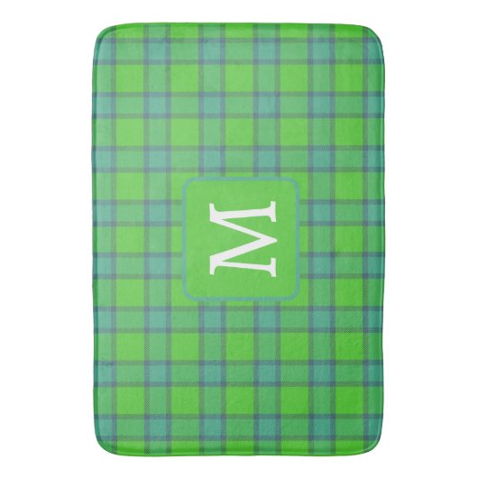 Modern stylish green &blue Plaid monogram バスマット (正面縦)