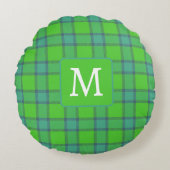 Modern stylish green &blue Plaid monogram ラウンドクッション (正面)