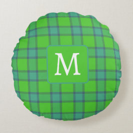 Modern stylish green &blue Plaid monogram ラウンドクッション