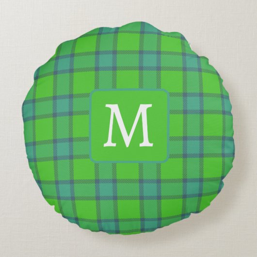 Modern stylish green &blue Plaid monogram ラウンドクッション (裏面)