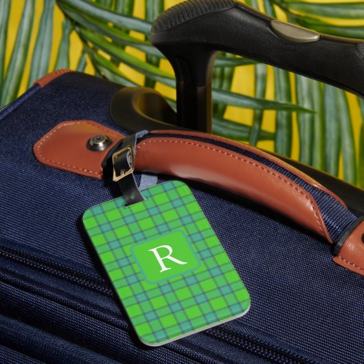 Modern stylish green &blue Plaid tartan monogram ラゲッジタグ (正面インサイチュ1)
