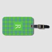 Modern stylish green &blue Plaid tartan monogram ラゲッジタグ (正面横)