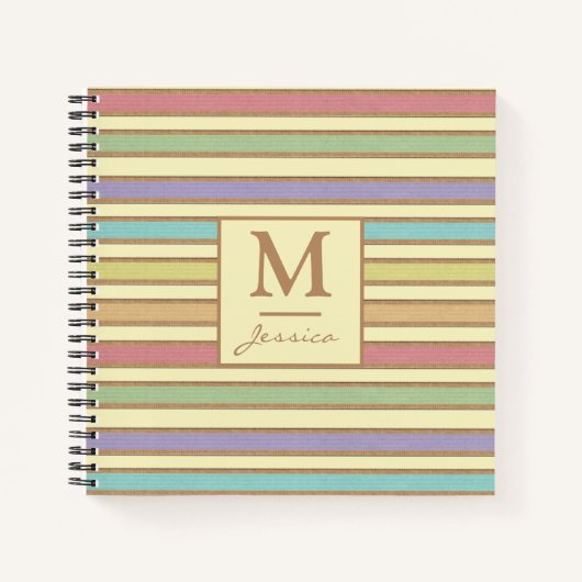 Modern Stylish Pastel Ribbon Striped Monogram ノートブック (正面)