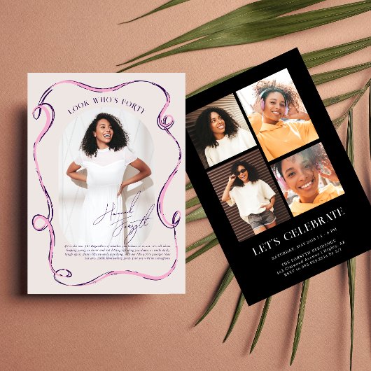 Modern Stylish Ribbon Frame Photo Birthday 招待状