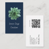 Modern Succulent Botanical Navy Blue QR code 名刺 (正面/裏面)
