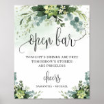 Modern succulent eucalyptus open bar sign ポスター<br><div class="desc">Modern succulent eucalyptus open bar sign,  Bridal Shower,  Wedding,  Contact me for matching items or for customization,  Blush Roses ©</div>