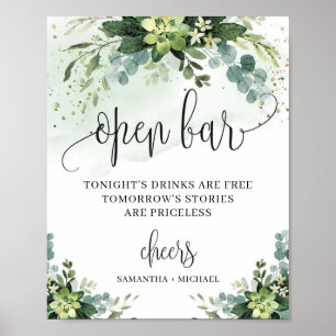 Modern succulent eucalyptus open bar sign ポスター