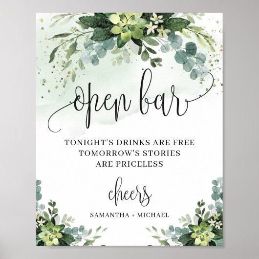 Modern succulent eucalyptus open bar sign ポスター (正面)