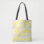 Modern Summer Line Drawings on Yellow Monogram トートバッグ (正面)