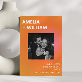 Modern Summer Orange Pink Wedding Photo セーブザデート