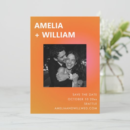 Modern Summer Orange Pink Wedding Photo セーブザデート (スタンド正面)