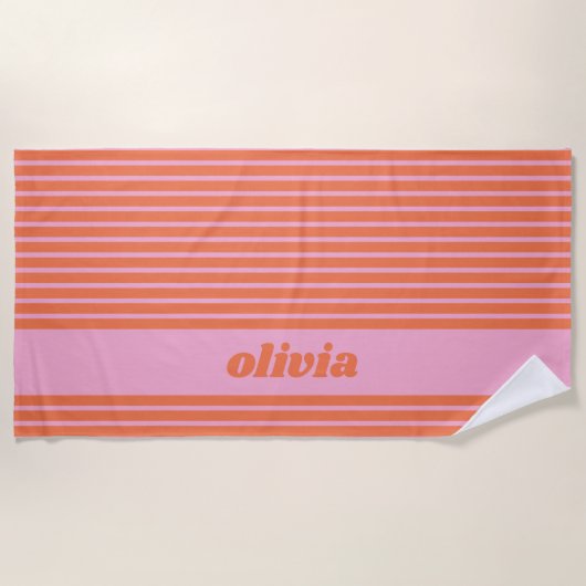 Modern Summer Pink Orange Striped Personalized ビーチタオル (正面)