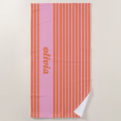 Modern Summer Pink Orange Striped Personalized ビーチタオル (正面)