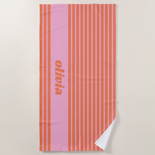 Modern Summer Pink Orange Striped Personalized  ビーチタオル (正面)