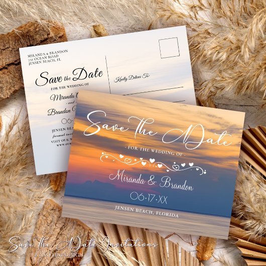 Modern Summer Sunset Beach Wedding Save the Date 案内ポストカード