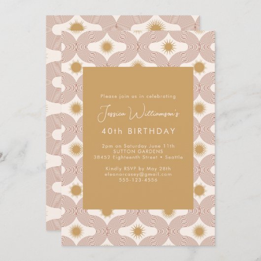 Modern Sun Moon Line Terracotta Gold 40th Birthday 招待状 (正面/裏面)