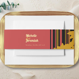 Modern Sunflower Coral Gold Wedding 招待状ベリーバンド