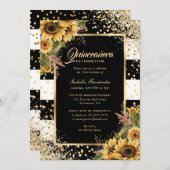 Modern Sunflower Gold Black White Quinceañera 招待状 (正面/裏面)