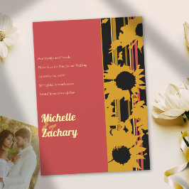 Modern Sunflower Sunset Coral Gold Wedding セーブザデート