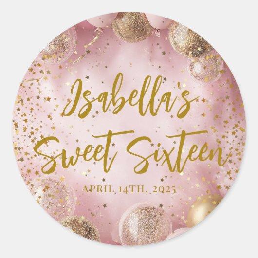 Modern sweet 16 pink and gold balloons ラウンドシール (正面)