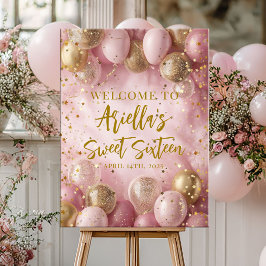 Modern sweet 16 pink gold balloons welcome ポスター