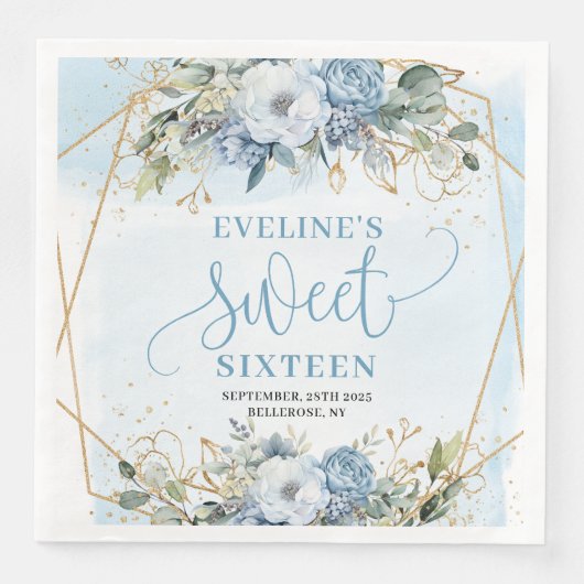 Modern Sweet 16th Dusty Blue Greenery Table Napkin (正面)