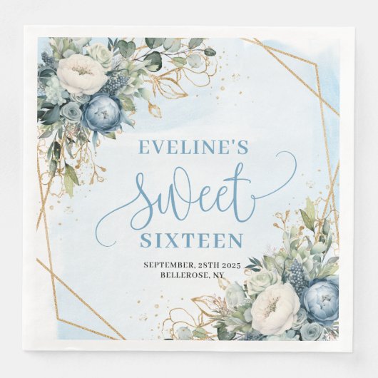 Modern Sweet 16th Eucalyptus Gold Frame Napkins (正面)