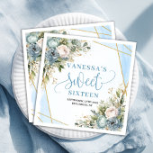 Modern Sweet Sixteen Blue Floral Gold Glitter 