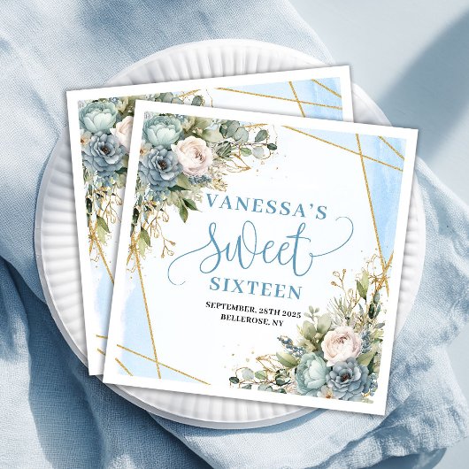Modern Sweet Sixteen Blue Floral Gold Glitter 