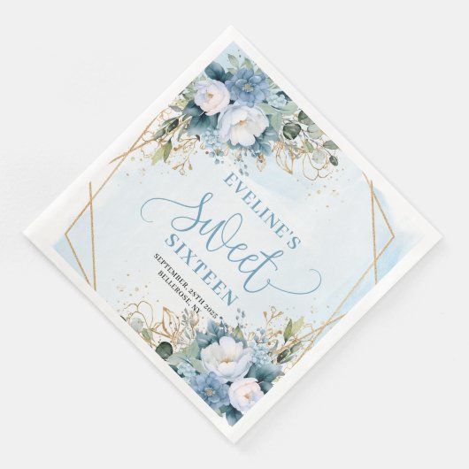 Modern Sweet Sixteen Blue Gold Eucalyptus Napkins (コーナー)