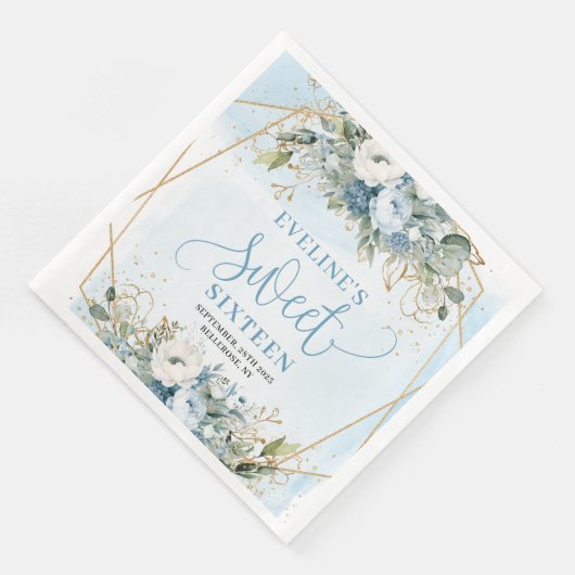 Modern Sweet Sixteen Blue Gold Frame Paper Napkins (コーナー)