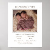 Modern Sweet Twins Photo Birth Announcement ポスター (正面)